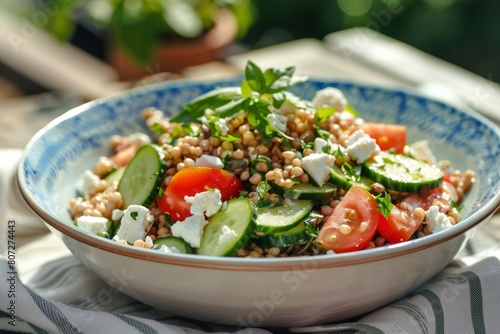 Healthy Buckwheat Salad with Fresh Vegetables and Feta Cheese on a Sunny Day