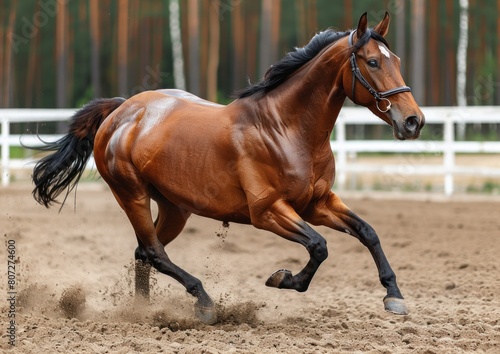 Bay horse trotting in a sandy equestrian arena