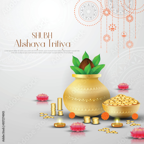 Happy Akshaya Tritiya - poster template design with gold coin in pot and decorative diya lamp. photo