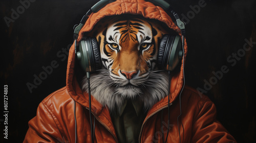 tiger with headphone in the night