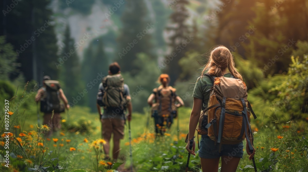 A group of people are hiking through a forest with a woman in the middle of the group. The woman is wearing a backpack and has a ponytail. The group is walking through a field of flowers