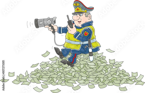 Traffic policeman with a portable speed trap and a radio transmitter making money from fines for drivers while patrolling a road, vector cartoon illustration on a white background