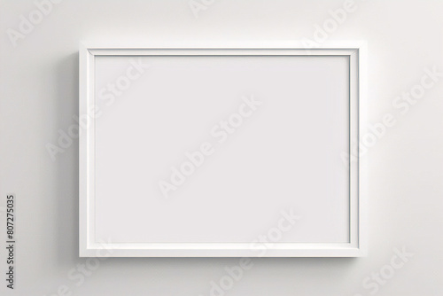 Weißes Rahmenmodell im Innenraum auf weißem Wandhintergrund. Vorlagenrahmen für Text. Poster-Attrappe. Rechteckiges Wandbild oder Fotorahmen-Attrappe