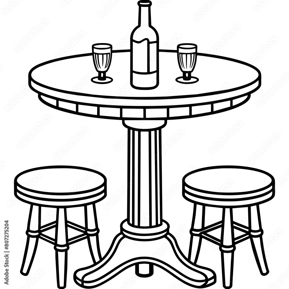 Round Table with Glasses, Bottle, and Stools: Furniture and Interior Design Graphics