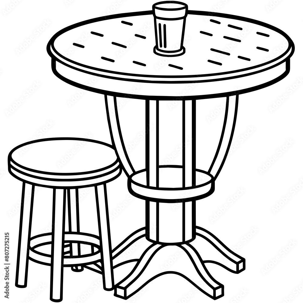 Round Table with Glasses, Bottle, and Stools: Furniture and Interior Design Graphics Round Table with Glasses, Bottle, and Stools: Furniture and Interior Design Graphics