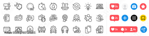 Speakers, Card and Car service line icons pack. Social media icons. Refill water, Bid offer, 360 degrees web icon. Team work, People chatting, Medical phone pictogram. Vector