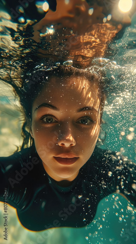 A woman is swimming underwater with her hair in a bun