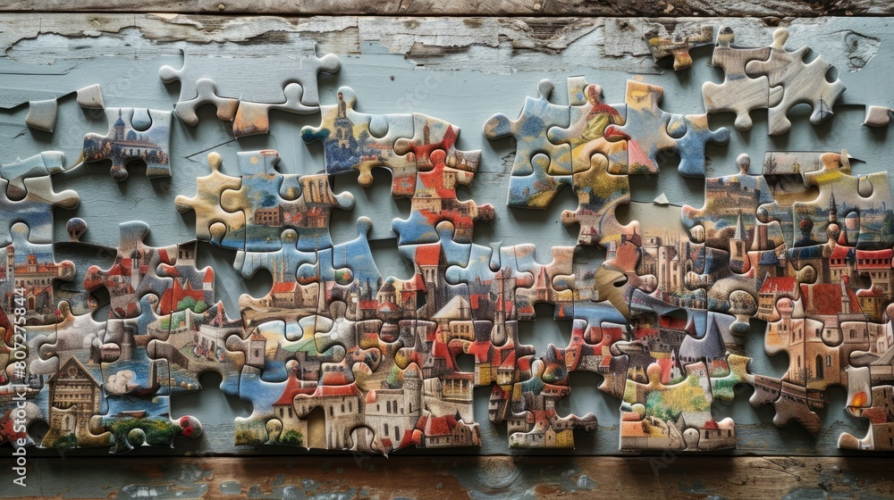 A jigsaw puzzle with a cityscape on it. The puzzle is in pieces and is on a wall A jigsaw puzzle with a cityscape on it. The puzzle is in pieces and is on a wall
