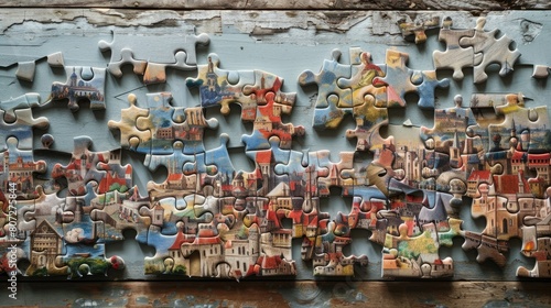 A jigsaw puzzle with a cityscape on it. The puzzle is in pieces and is on a wall