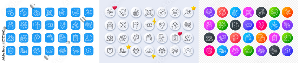 Hold box, Checklist and Qr code line icons. Square, Gradient, Pin 3d buttons. AI, QA and map pin icons. Pack of Fingerprint research, Cleaning service, Couple love icon. Vector Hold box, Checklist and Qr code line icons. Square, Gradient, Pin 3d buttons. AI, QA and map pin icons. Pack of Fingerprint research, Cleaning service, Couple love icon. Vector