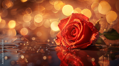 A dew kissed red rose lies on a reflective surface