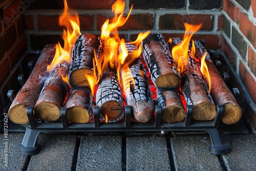 Assorted types of natural biofuels for heating in autumn with split logs, logs and pellets of compressed sawdust and chopped kindling in front of a burning fire photo