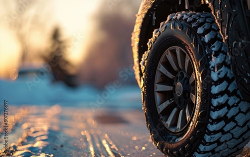 A single winter tire with deep treads and a shiny alloy wheel.