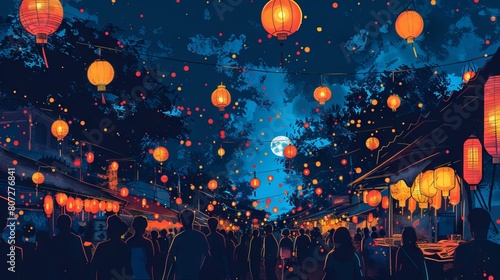 The photo shows a beautifulYe Jing of a street with red lanterns photo