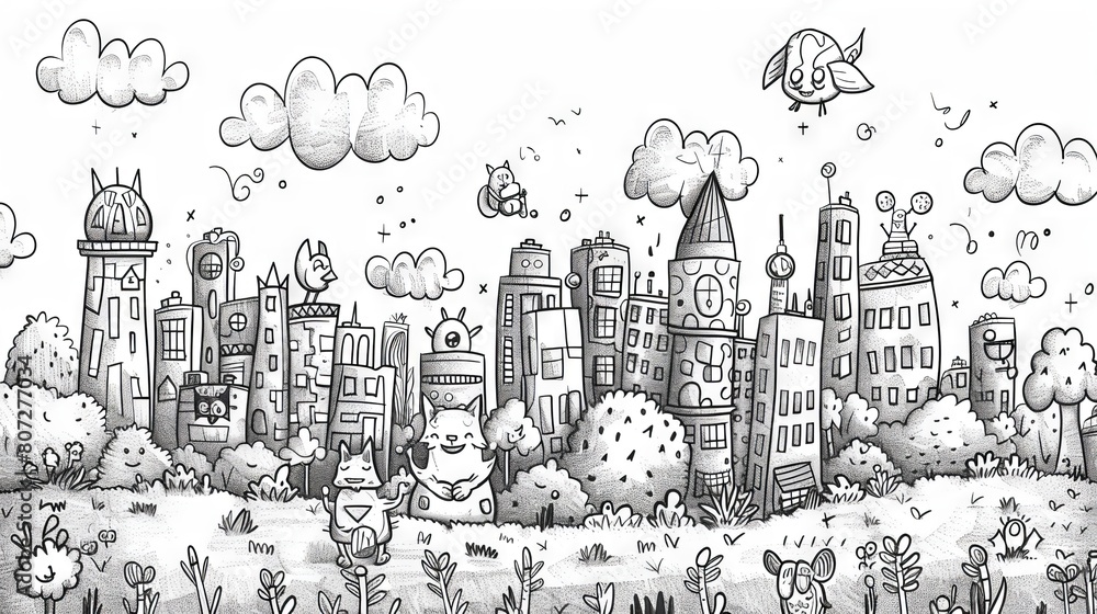 A black and white illustration of a cityscape with various buildings, trees, and clouds.