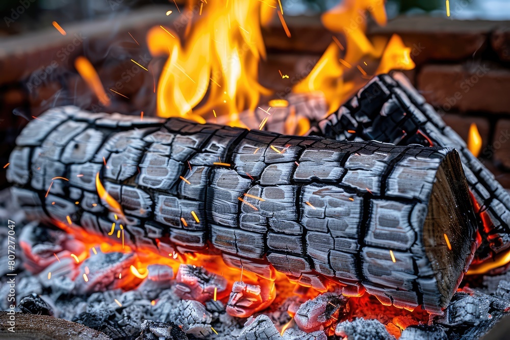 Fototapeta premium Assorted types of natural biofuels for heating in autumn with split logs, logs and pellets of compressed sawdust and chopped kindling in front of a burning fire