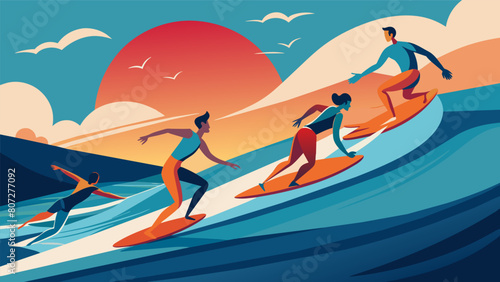 Showing off their speed and agility the surfers race to catch the perfect wave before the sun fully disappears from the sky.. Vector illustration