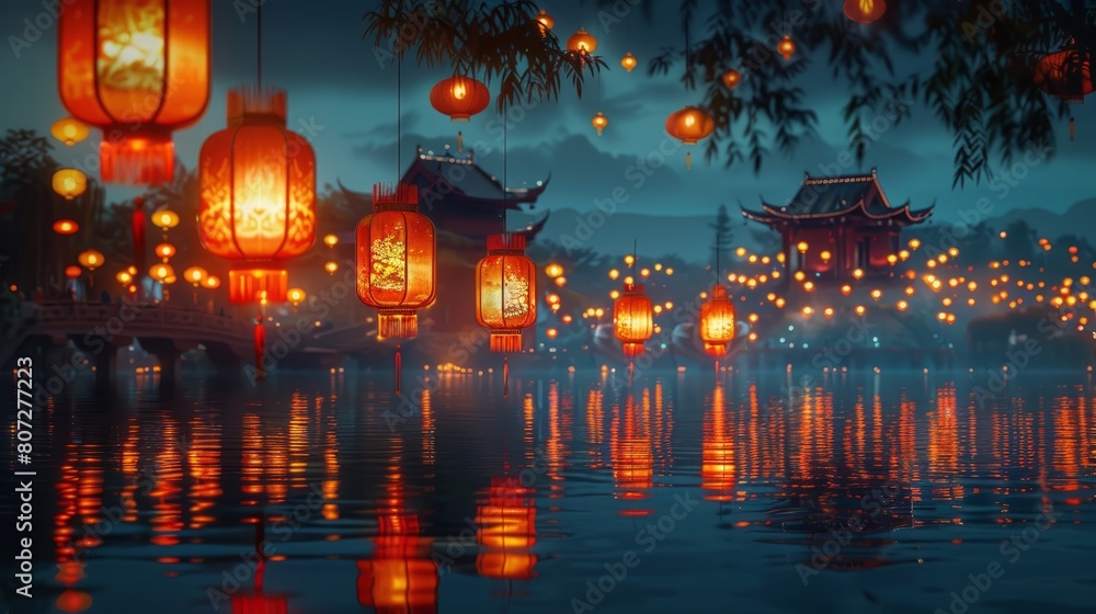 A beautiful scene of a river with lanterns hanging from the trees. The lanterns are lit up and create a warm and inviting atmosphere. The water is calm and reflects the lights from the lanterns A beautiful scene of a river with lanterns hanging from the trees. The lanterns are lit up and create a warm and inviting atmosphere. The water is calm and reflects the lights from the lanterns