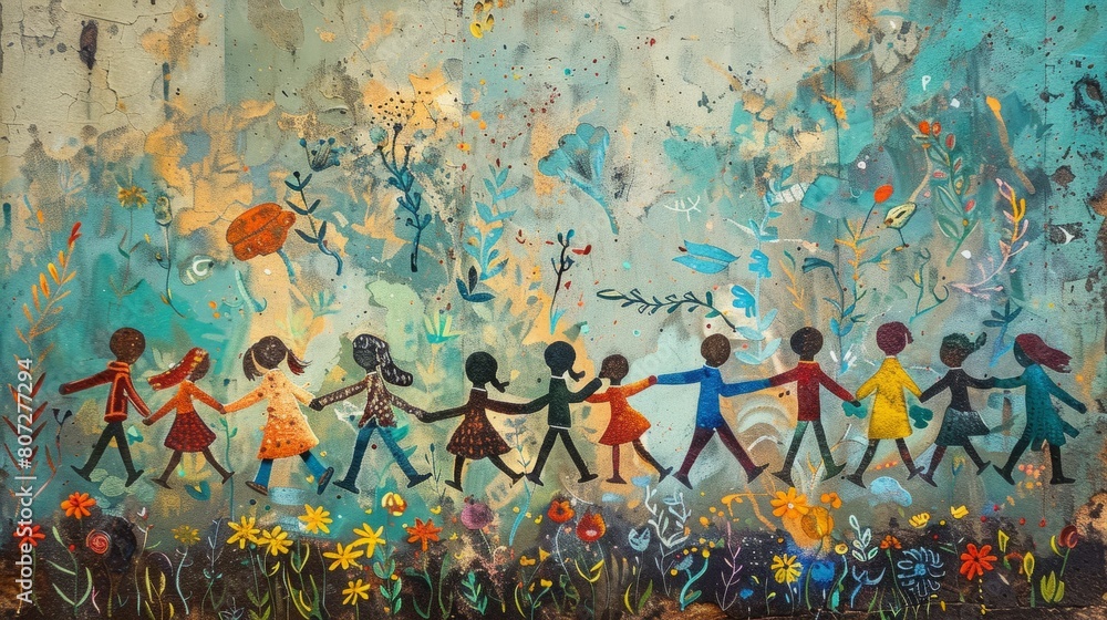 A painting of a group of children walking together in a field. The painting is colorful and lively, with a sense of unity and togetherness among the children. The children are of different ages