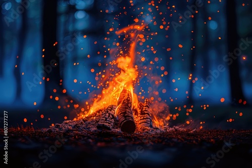 Assorted types of natural biofuels for heating in autumn with split logs, logs and pellets of compressed sawdust and chopped kindling in front of a burning fire photo