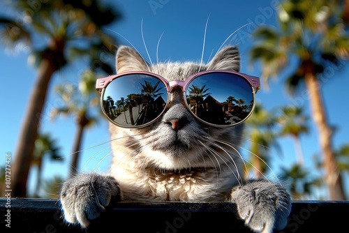 Cool cat with sunglasses, palm trees, and azure sky behind