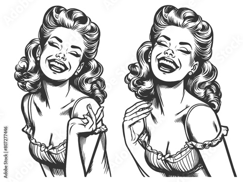 woman laughing heartily, her head thrown back in a moment of pure joy and infectious mirth sketch engraving generative ai fictional character vector illustration. Black and white image.