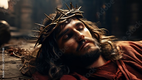Photorealism of Jesus lying on the ground with a crown of thorns on his head.