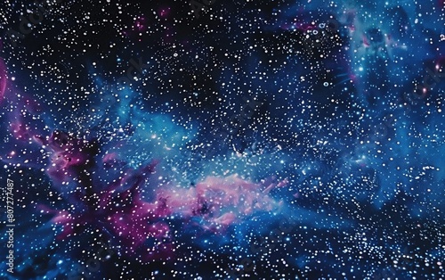 A vibrant cosmic tapestry of blue and magenta stardust scattered across the dark expanse.