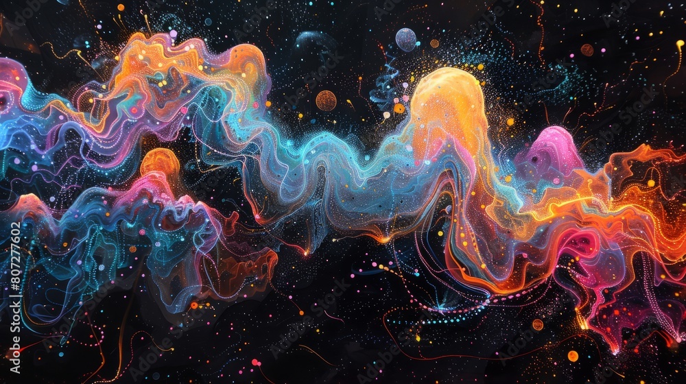 A colorful, swirling galaxy of stars and planets. The colors are vibrant and the shapes are abstract. Scene is one of wonder and awe, as if the viewer is looking out into the vastness of space