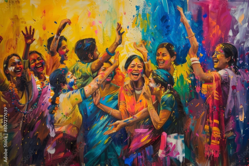 Fototapeta premium Joyful Holi celebration scene with happy faces and vibrant colors