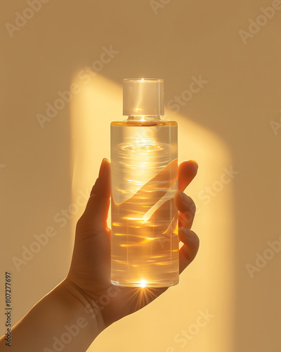 A hand holding a glass bottle of lightweight serum, with the light creating a halo effect around the bottle to emphasize purity photo