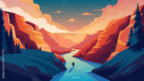 A meandering river through a canyon where a person finds solace in the sound of rushing water and the majesty of nature.. Vector illustration