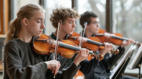 Three young people are playing violins together. One of them is a girl with long hair. The other two are boys. They are all wearing glasses