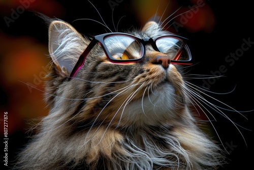 A Felidae feline with glasses gazes up at the camera in a closeup shot © Наталья Бойко
