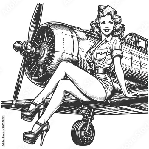 pin-up girl sitting seductively on the wing of a classic airplane, capturing the spirit of aviation and retro glamour sketch engraving generative ai fictional character vector illustration. 