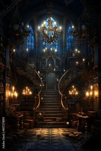 3D rendering of a fantasy interior with stairs and ceiling lamps.