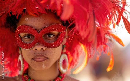 A woman in a red feather mask and bead necklace.