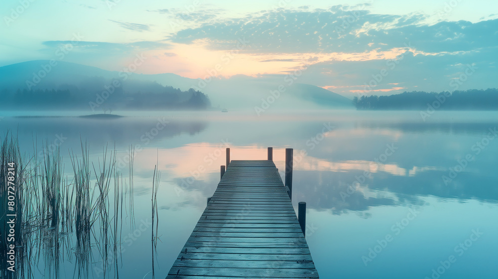 Fototapeta premium Serene Lake at Sunrise with Wooden Dock. Peaceful early morning scene at a serene lake, featuring a wooden dock extending into mist-covered waters under a soft sunrise.
