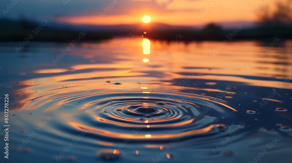 Sunset Reflection on Calm Lake Waters. A tranquil sunset casts a warm glow and reflections on the surface of calm lake waters, creating circular ripples. Sunset Reflection on Calm Lake Waters. A tranquil sunset casts a warm glow and reflections on the surface of calm lake waters, creating circular ripples.