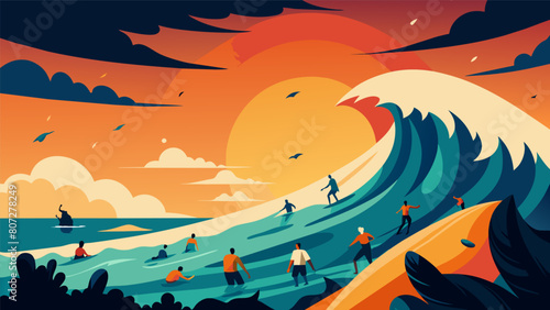 As the sun sets on the horizon the Big Wave Surfing Competition comes to a close but the memories of this epic battle on the water will live on in the. Vector illustration