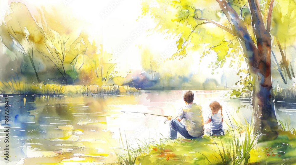 A father and daughter enjoying a peaceful afternoon of fishing by the river