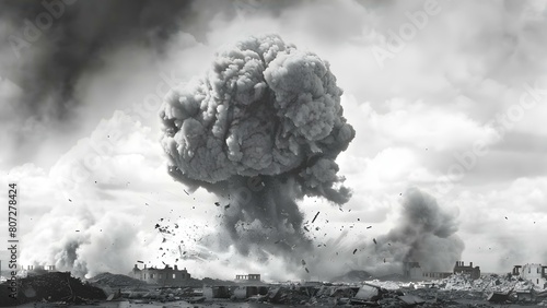 Atomic bomb detonation in Town causing destruction and environmental concerns in World War. Concept World War II, Atomic Bomb, Destruction, Environmental Concerns, Town Recovery photo