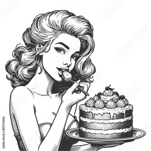 pin-up girl savoring a piece of cake encapsulating classic beauty and indulgence sketch engraving generative ai fictional character vector illustration. Scratch board imitation. Black and white image.