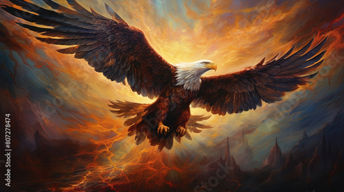 The majestic bald eagle flies through the beautiful sky photo