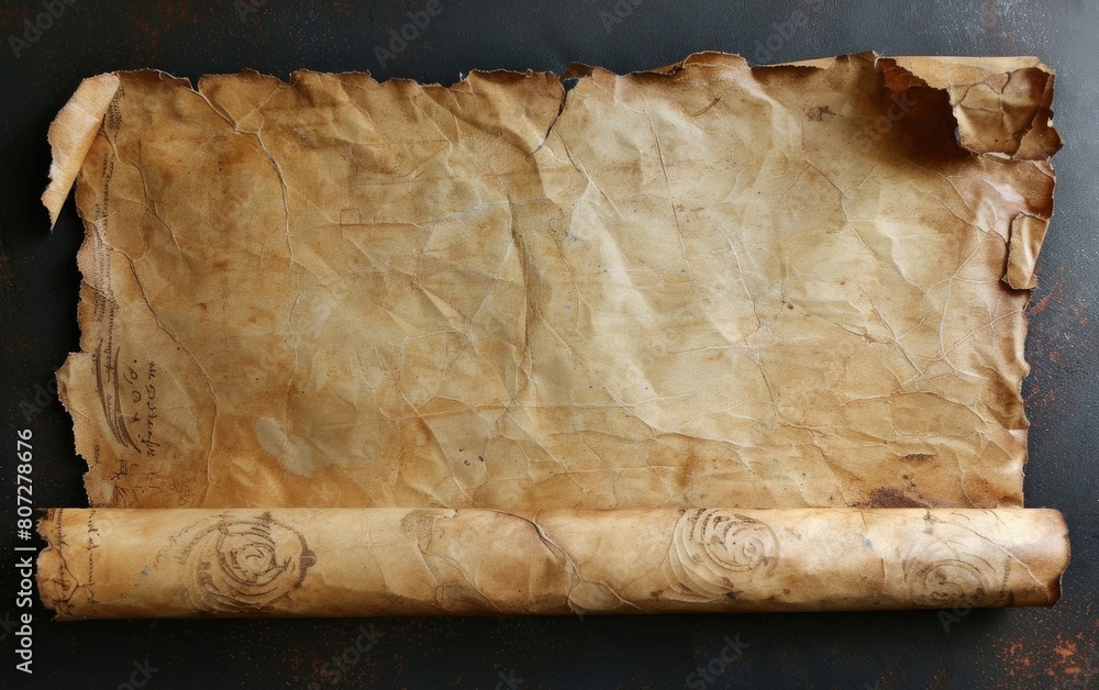 Aged parchment scroll, slightly rolled at edges, with a textured, worn surface.