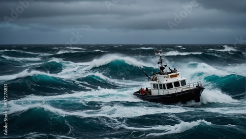 Amidst the Maelstrom, Boat Battles through the Roiling Waves of a Tempestuous Sea