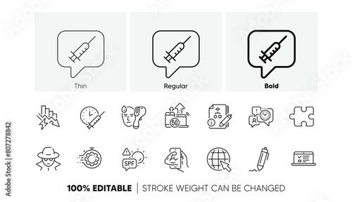 Vaccination schedule, Puzzle and Web lectures line icons. Pack of Spf protection, Seo timer, Electronic thermometer icon. 5g internet, Internet, Algorithm pictogram. Saving electricity. Vector