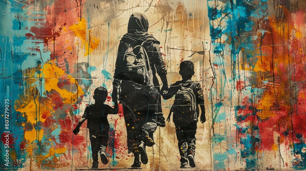 A painting of a woman and two children walking together. The painting is colorful and has a sense of unity and togetherness A painting of a woman and two children walking together. The painting is colorful and has a sense of unity and togetherness