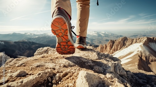 Footsteps of climbers wearing shoes walking over a rocky mountain landscape and a beautiful sunset view in the background. seen from behind