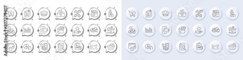Pie chart, Inflation and Analytics chart line icons. White pin 3d buttons, chat bubbles icons. Pack of Money change, Column diagram, Savings icon. Upper arrows, Online job, Fraud pictogram. Vector